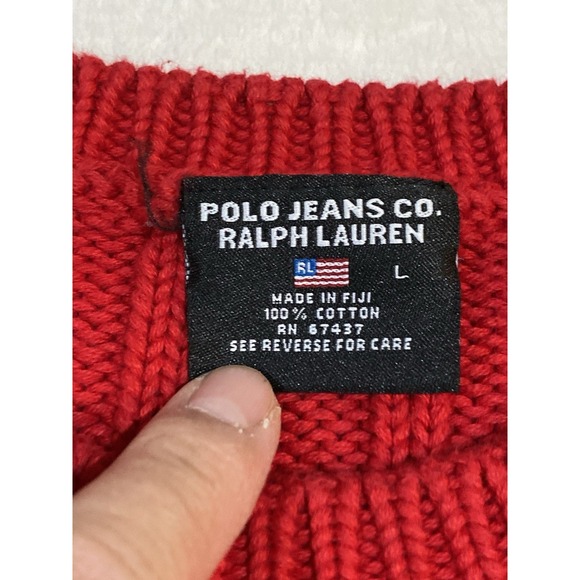 VTG Polo Jeans Co Ralph Lauren Knit Cable Red American Flag Sweater Women L - Picture 4 of 7